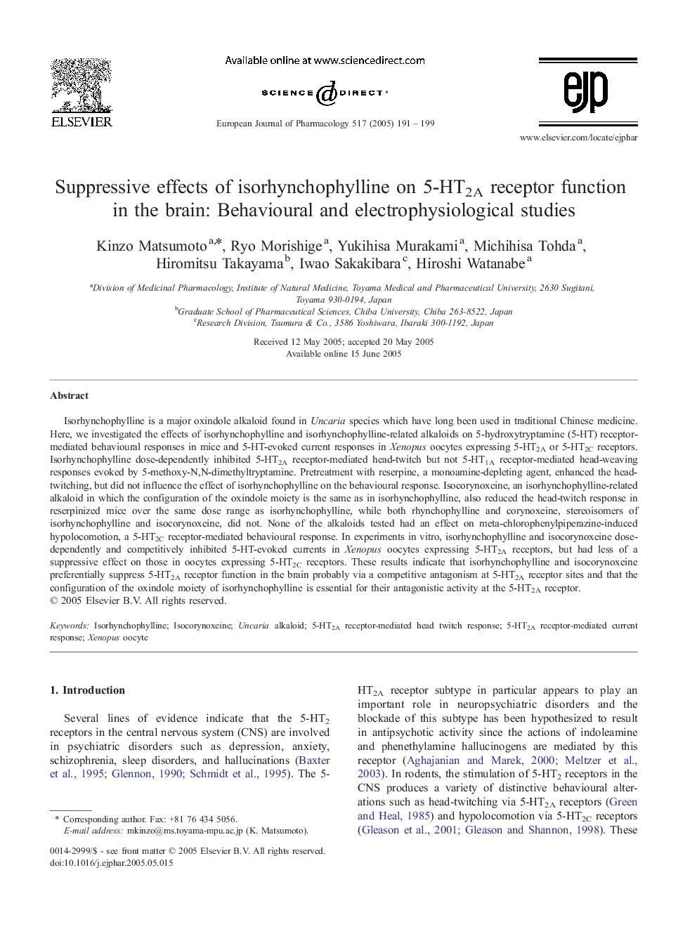 Suppressive effects of isorhynchophylline on 5-HT2A receptor function in the brain: Behavioural and electrophysiological studies