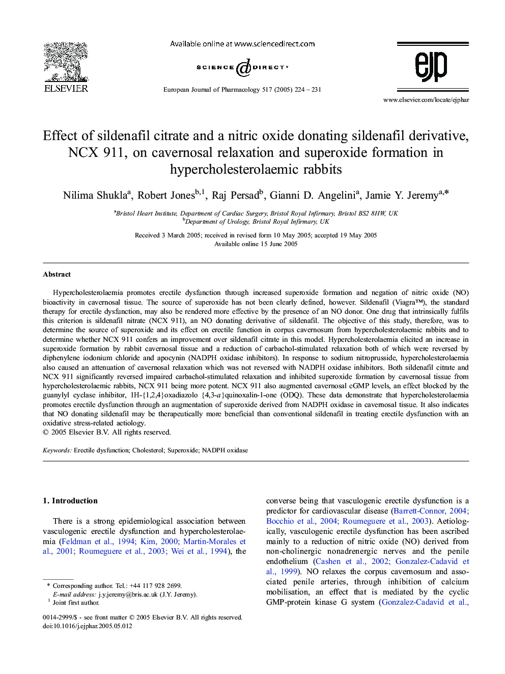 Effect of sildenafil citrate and a nitric oxide donating sildenafil derivative, NCX 911, on cavernosal relaxation and superoxide formation in hypercholesterolaemic rabbits