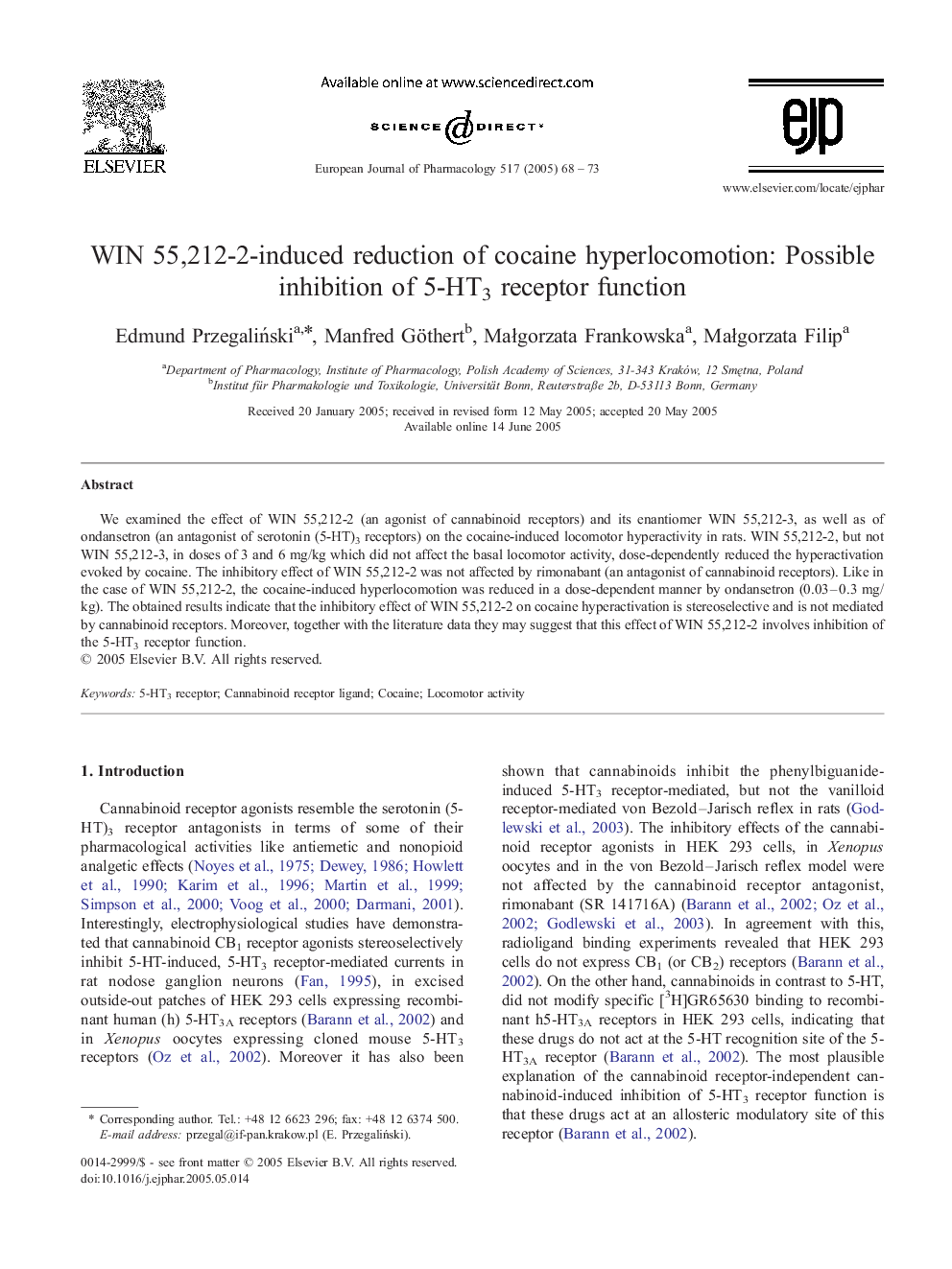 WIN 55,212-2-induced reduction of cocaine hyperlocomotion: Possible inhibition of 5-HT3 receptor function