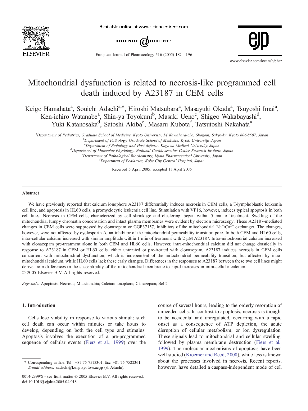 Mitochondrial dysfunction is related to necrosis-like programmed cell death induced by A23187 in CEM cells