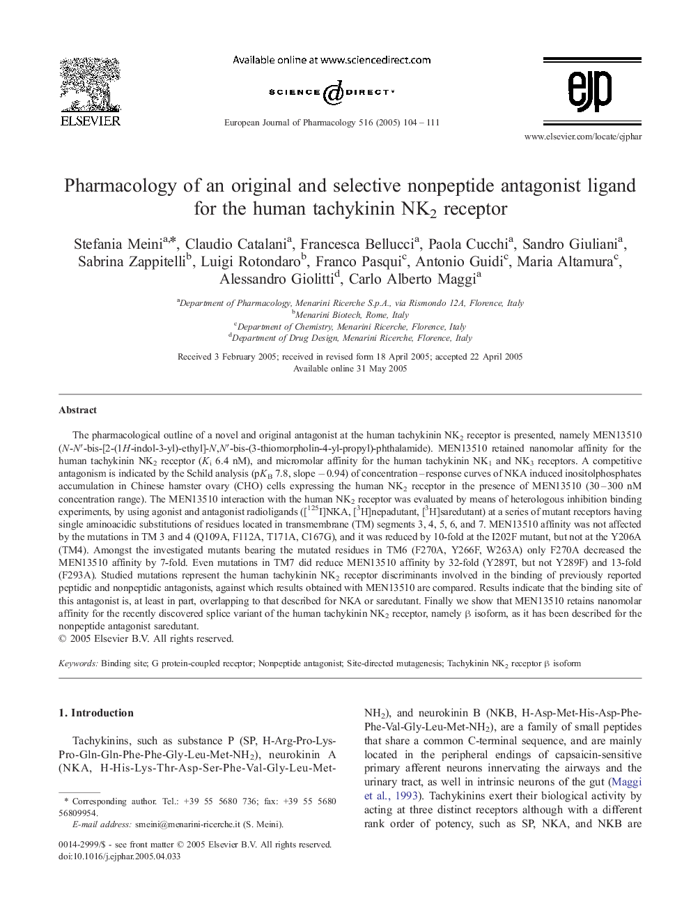 Pharmacology of an original and selective nonpeptide antagonist ligand for the human tachykinin NK2 receptor