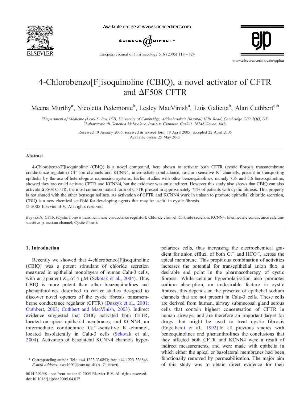 4-Chlorobenzo[F]isoquinoline (CBIQ), a novel activator of CFTR and ÎF508 CFTR