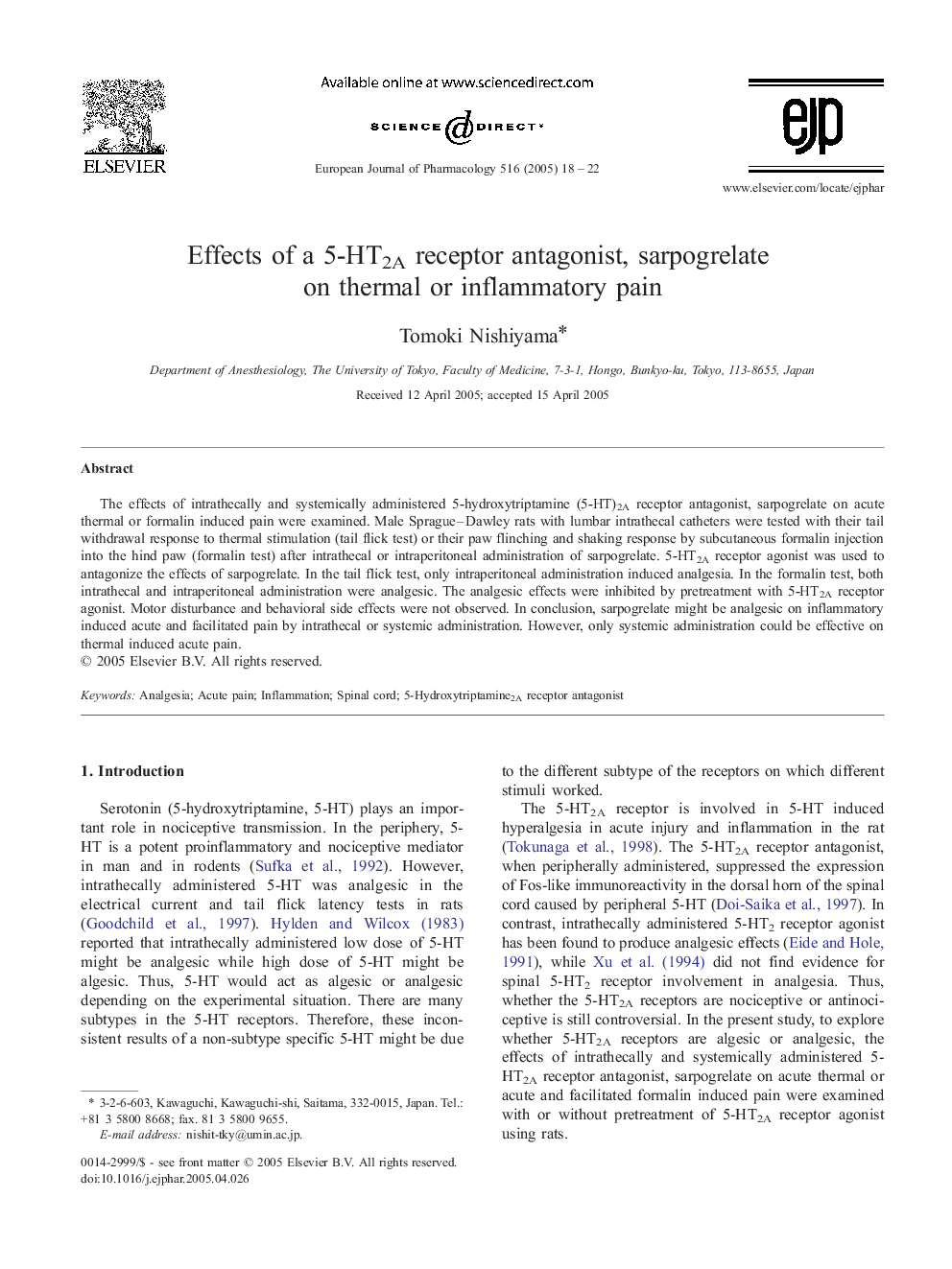 Effects of a 5-HT2A receptor antagonist, sarpogrelate on thermal or inflammatory pain