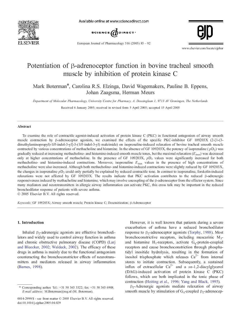 Potentiation of Î²-adrenoceptor function in bovine tracheal smooth muscle by inhibition of protein kinase C