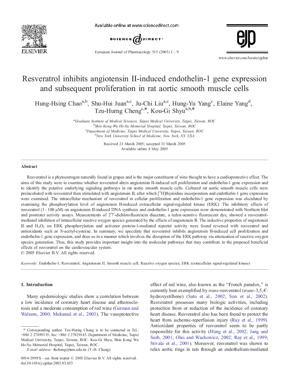 Resveratrol inhibits angiotensin II-induced endothelin-1 gene expression and subsequent proliferation in rat aortic smooth muscle cells