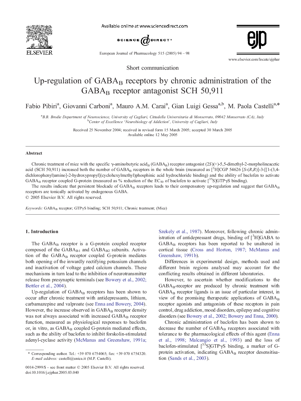 Up-regulation of GABAB receptors by chronic administration of the GABAB receptor antagonist SCH 50,911