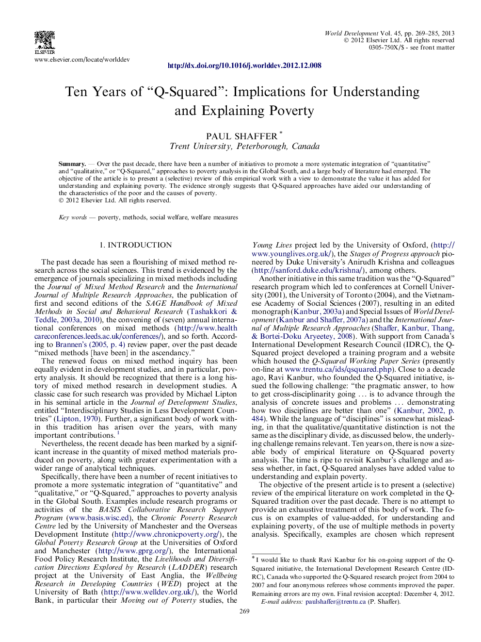 Ten Years of “Q-Squared”: Implications for Understanding and Explaining Poverty