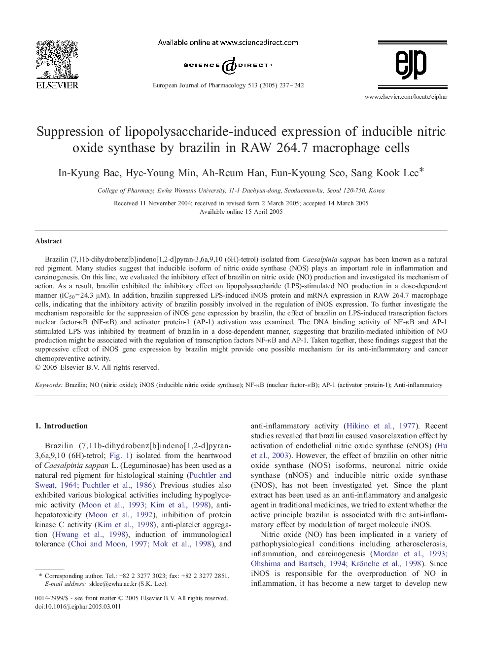 Suppression of lipopolysaccharide-induced expression of inducible nitric oxide synthase by brazilin in RAW 264.7 macrophage cells