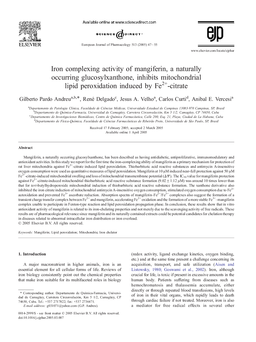 Iron complexing activity of mangiferin, a naturally occurring glucosylxanthone, inhibits mitochondrial lipid peroxidation induced by Fe2+-citrate