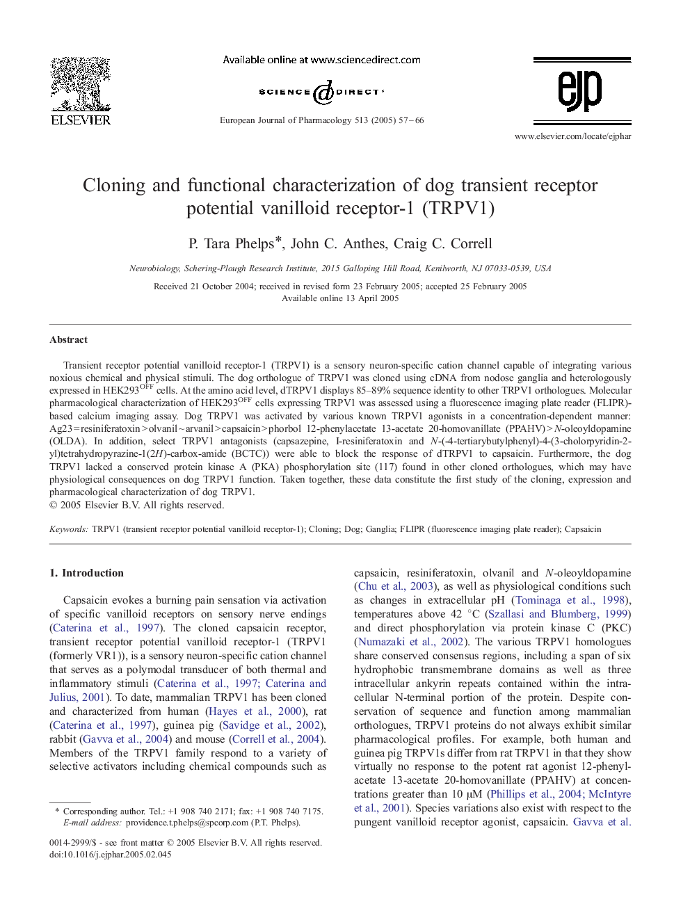 Cloning and functional characterization of dog transient receptor potential vanilloid receptor-1 (TRPV1)