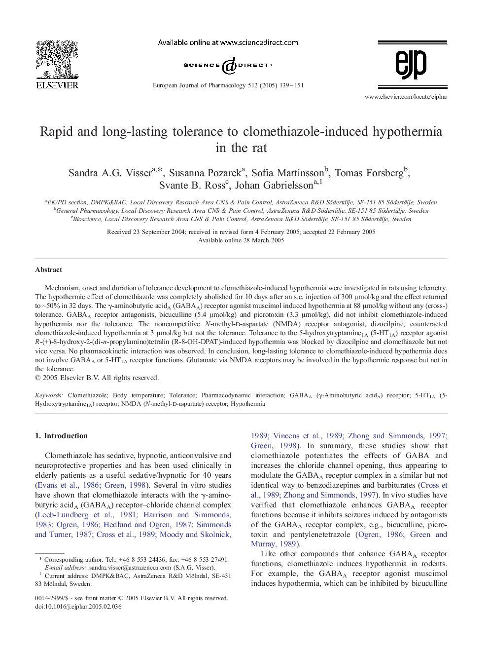 Rapid and long-lasting tolerance to clomethiazole-induced hypothermia in the rat