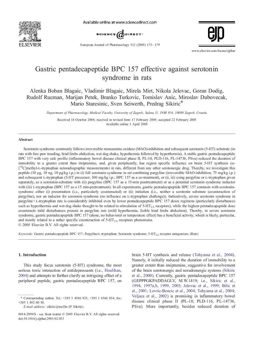 Gastric pentadecapeptide BPC 157 effective against serotonin syndrome in rats