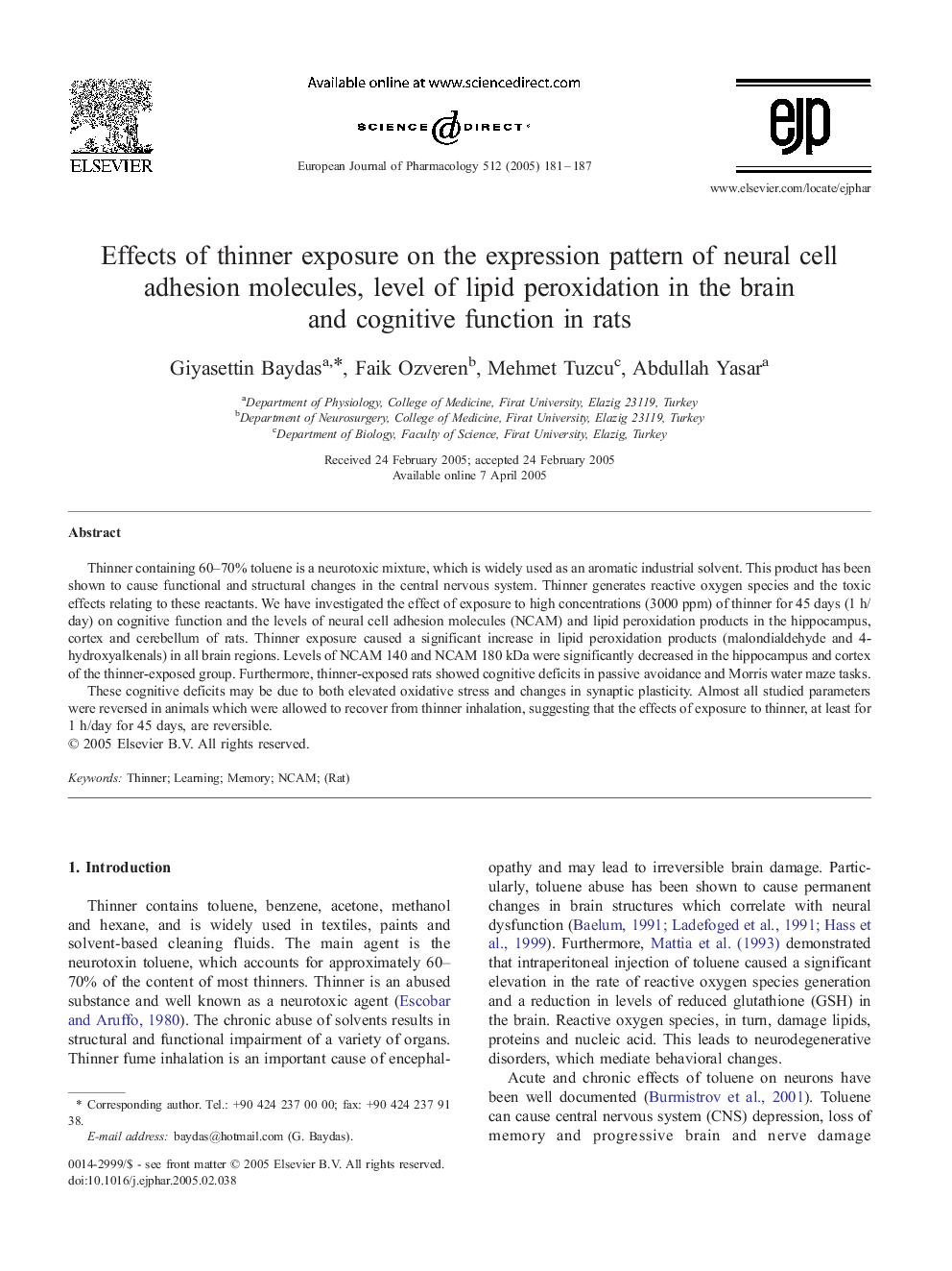 Effects of thinner exposure on the expression pattern of neural cell adhesion molecules, level of lipid peroxidation in the brain and cognitive function in rats