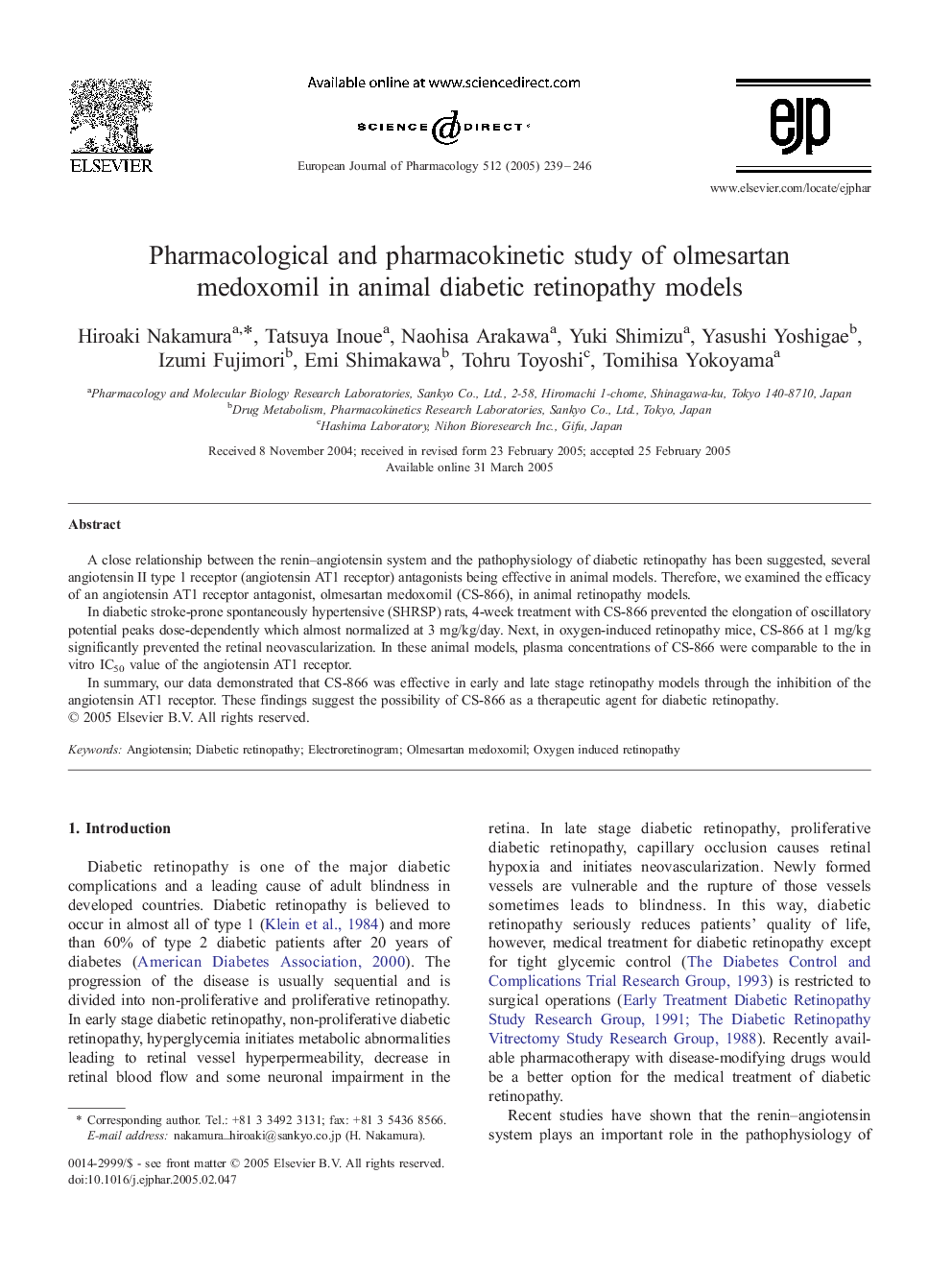 Pharmacological and pharmacokinetic study of olmesartan medoxomil in animal diabetic retinopathy models