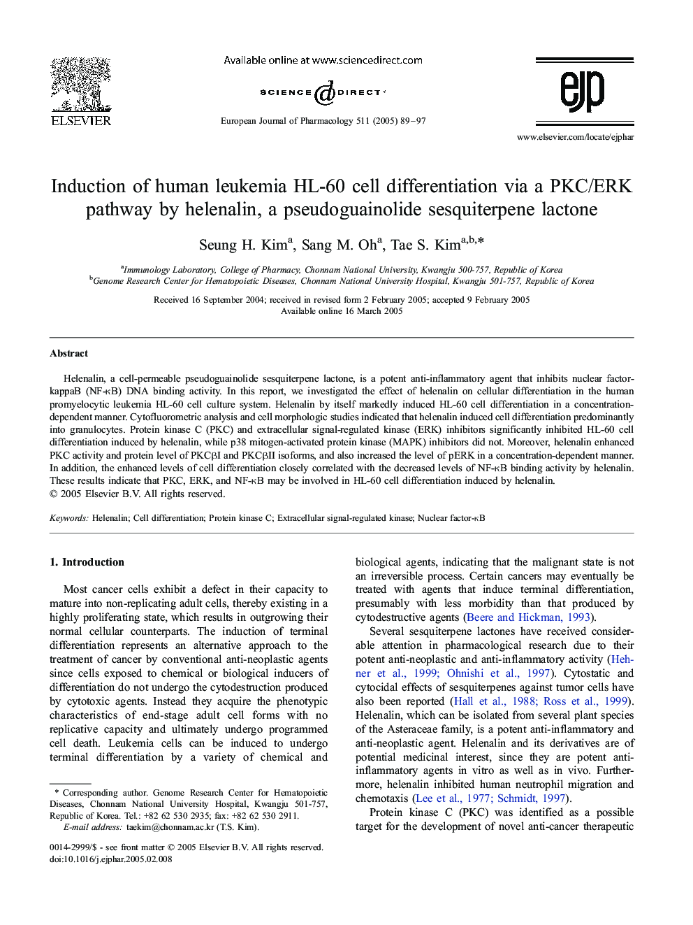 Induction of human leukemia HL-60 cell differentiation via a PKC/ERK pathway by helenalin, a pseudoguainolide sesquiterpene lactone