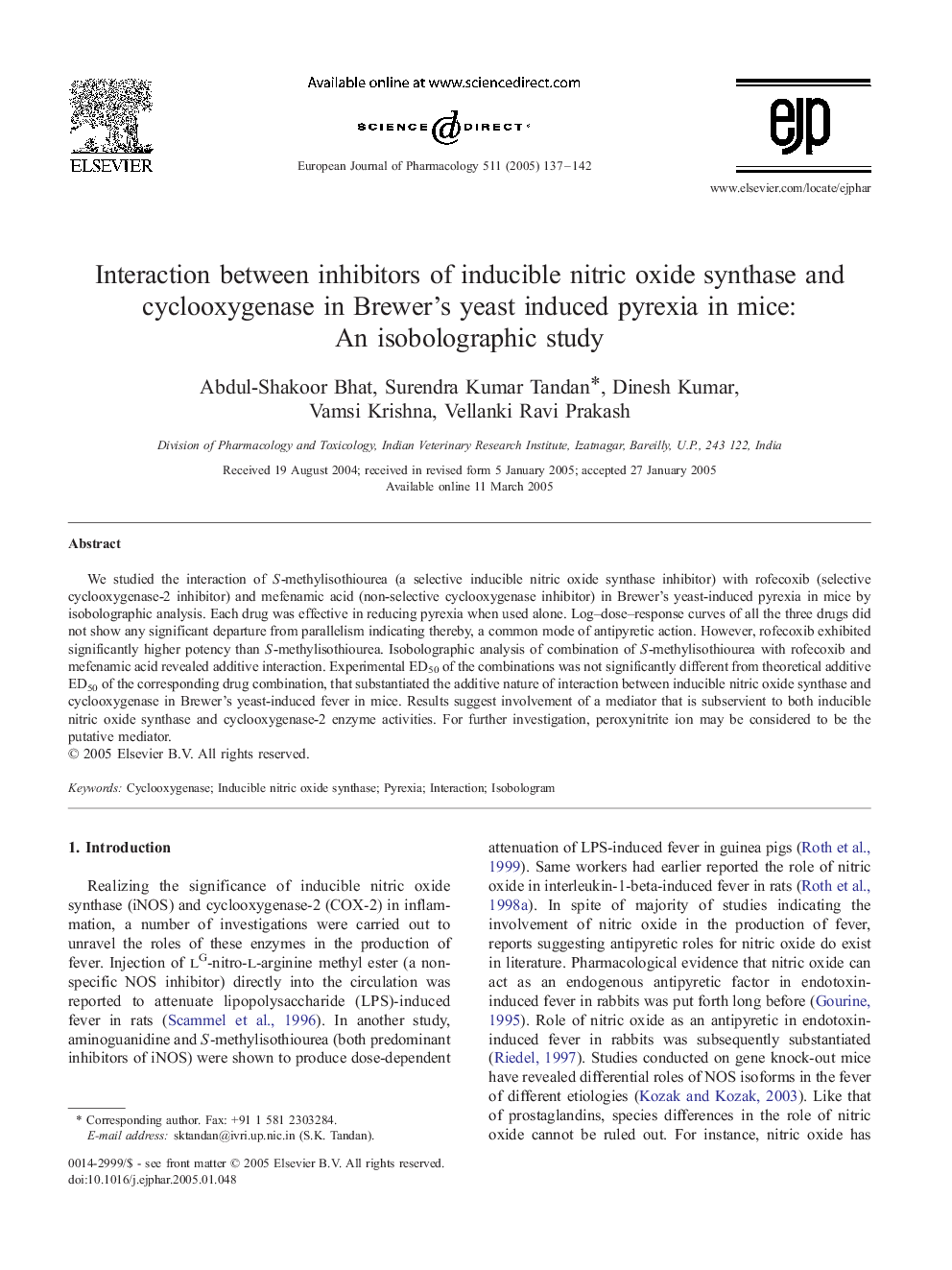 Interaction between inhibitors of inducible nitric oxide synthase and cyclooxygenase in Brewer's yeast induced pyrexia in mice: An isobolographic study