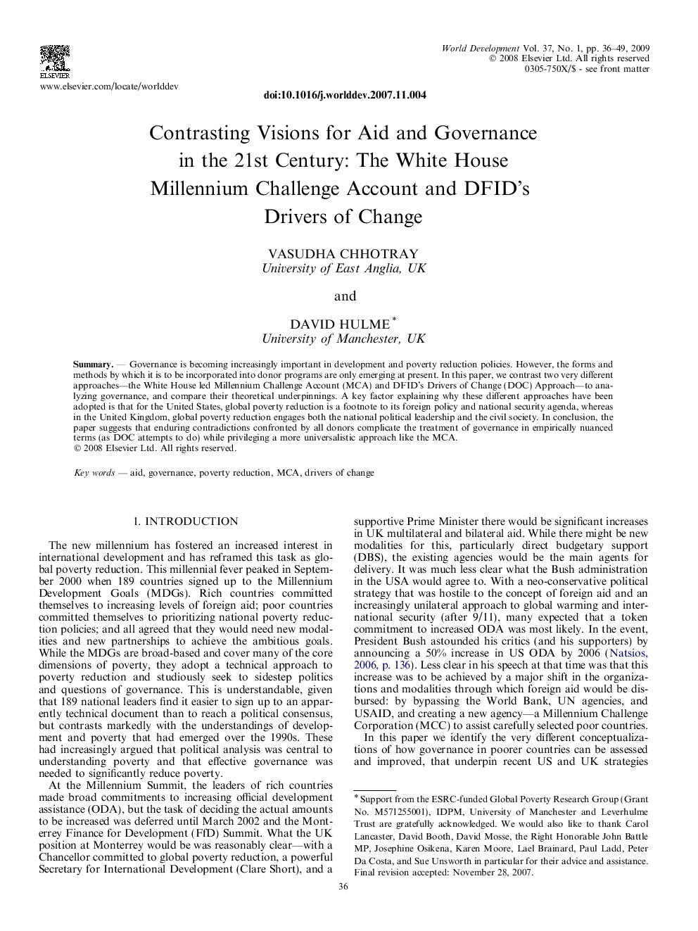 Contrasting Visions for Aid and Governance in the 21st Century: The White House Millennium Challenge Account and DFID’s Drivers of Change