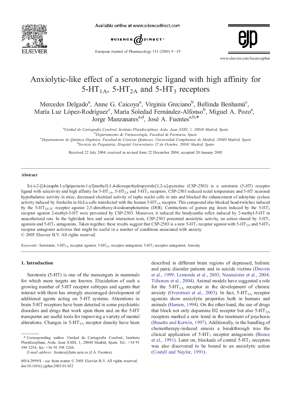 Anxiolytic-like effect of a serotonergic ligand with high affinity for 5-HT1A, 5-HT2A and 5-HT3 receptors