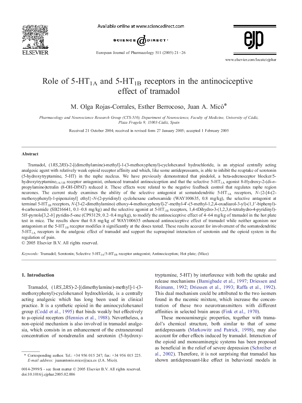 Role of 5-HT1A and 5-HT1B receptors in the antinociceptive effect of tramadol