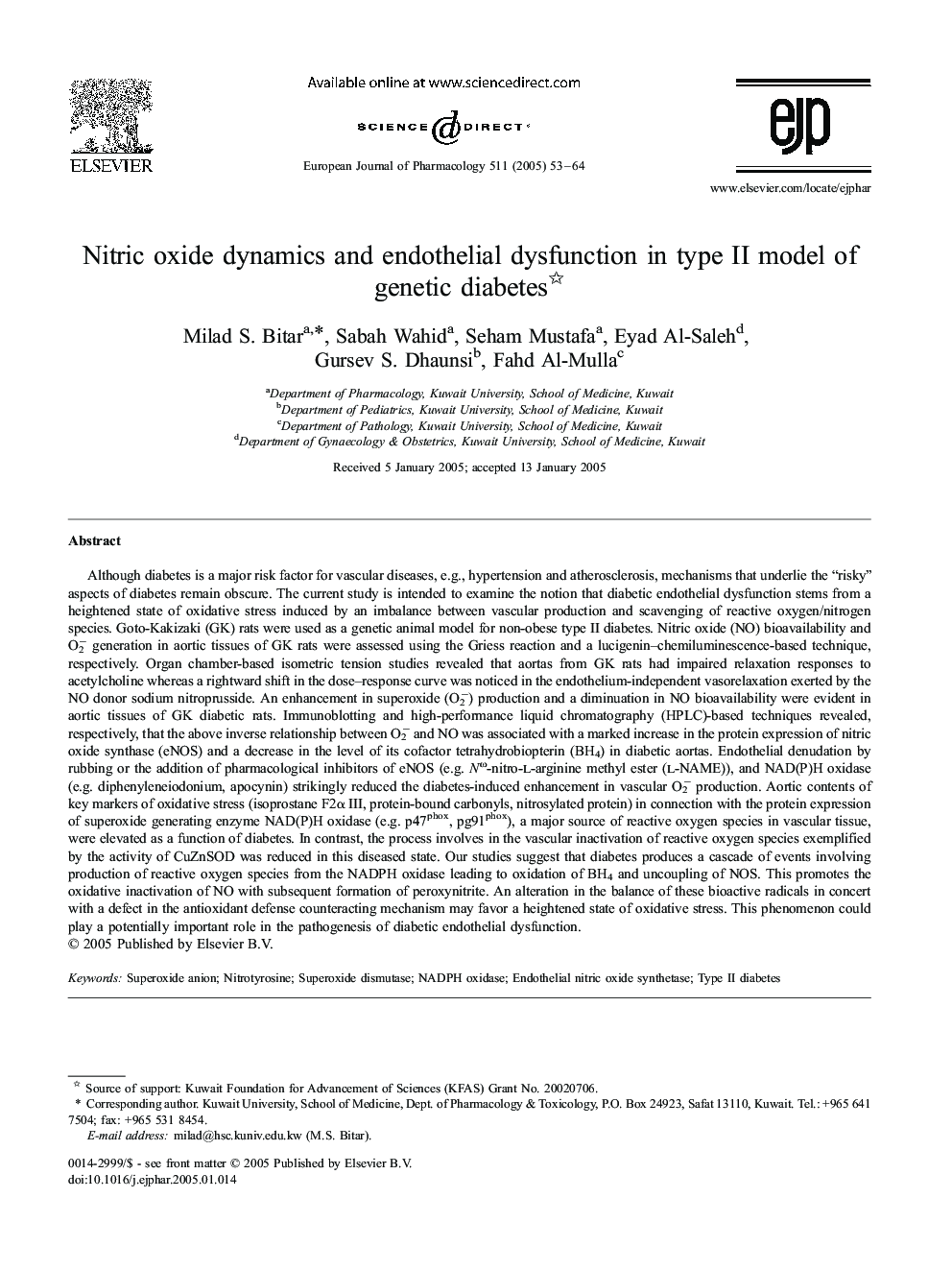 Nitric oxide dynamics and endothelial dysfunction in type II model of genetic diabetes