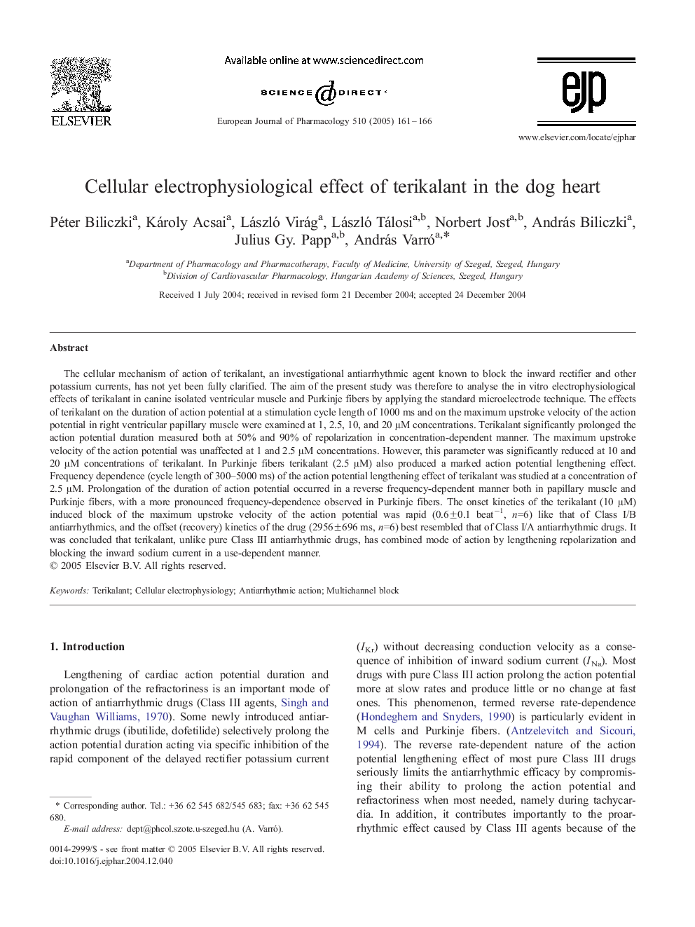 Cellular electrophysiological effect of terikalant in the dog heart