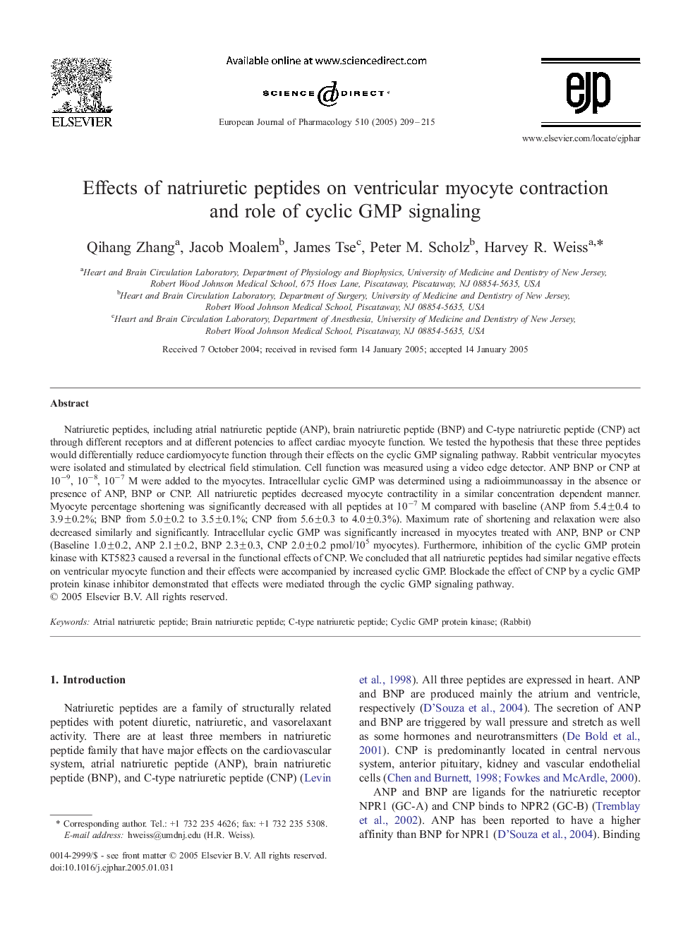 Effects of natriuretic peptides on ventricular myocyte contraction and role of cyclic GMP signaling