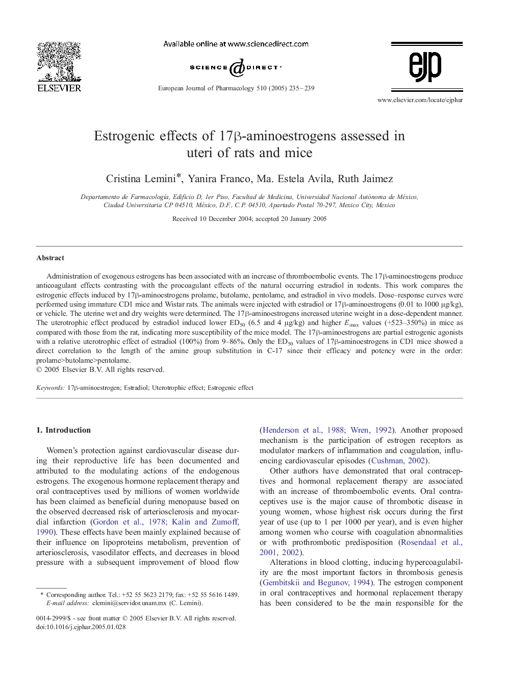 Estrogenic effects of 17Î²-aminoestrogens assessed in uteri of rats and mice