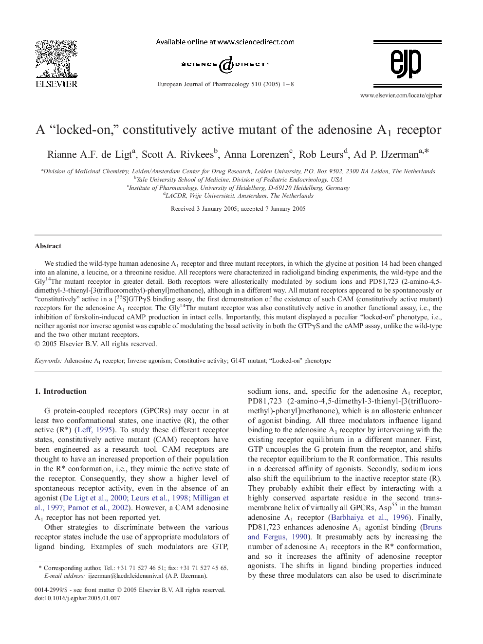 A “locked-on,” constitutively active mutant of the adenosine A1 receptor