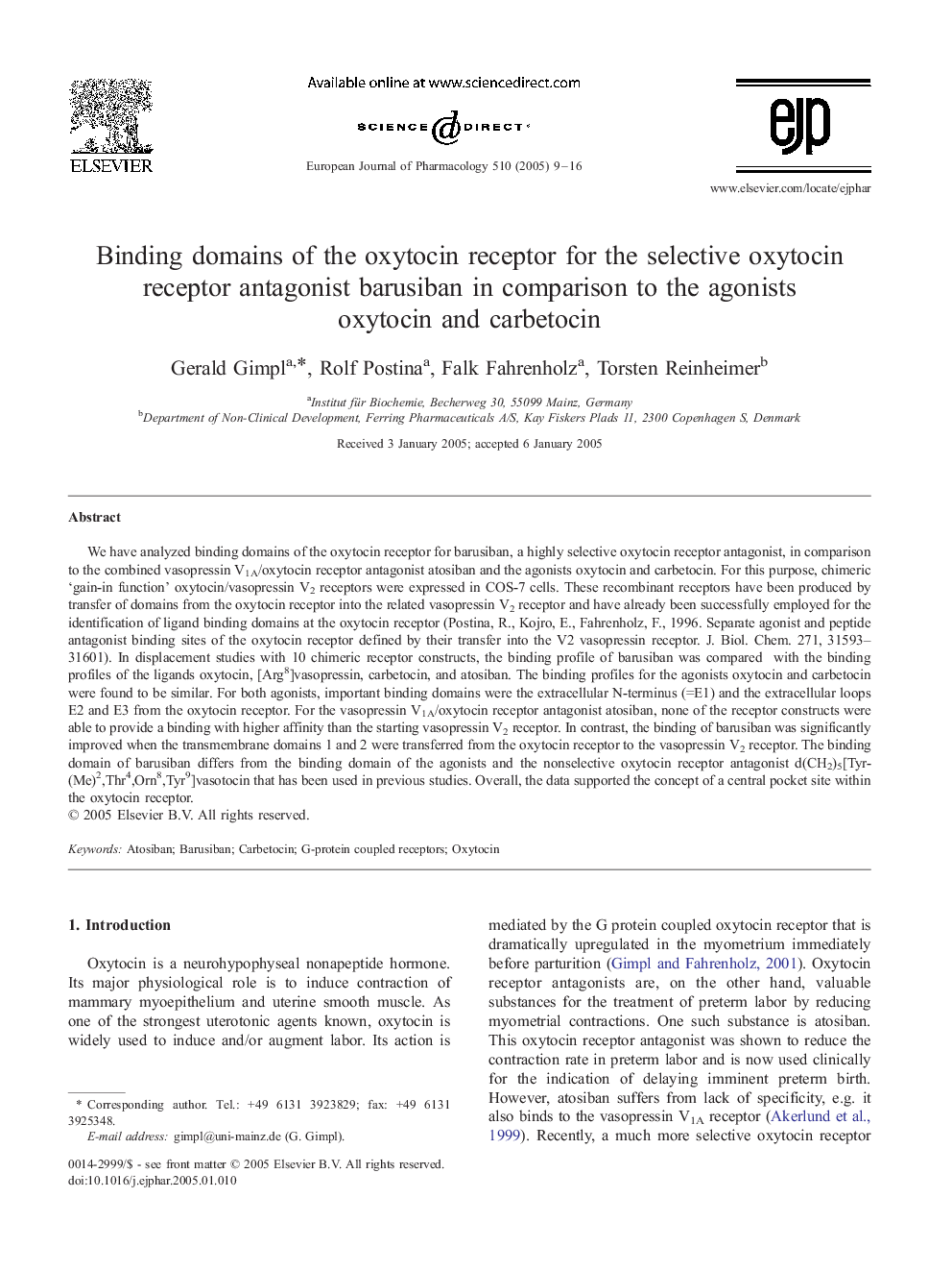 Binding domains of the oxytocin receptor for the selective oxytocin receptor antagonist barusiban in comparison to the agonists oxytocin and carbetocin