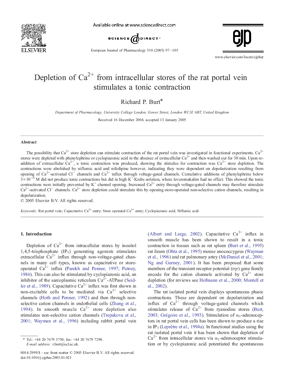 Depletion of Ca2+ from intracellular stores of the rat portal vein stimulates a tonic contraction