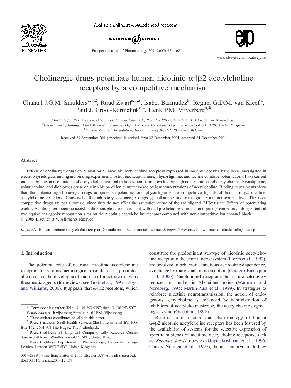 Cholinergic drugs potentiate human nicotinic Î±4Î²2 acetylcholine receptors by a competitive mechanism