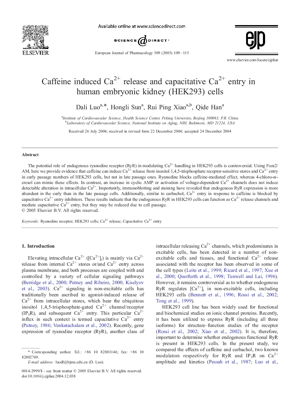 Caffeine induced Ca2+ release and capacitative Ca2+ entry in human embryonic kidney (HEK293) cells