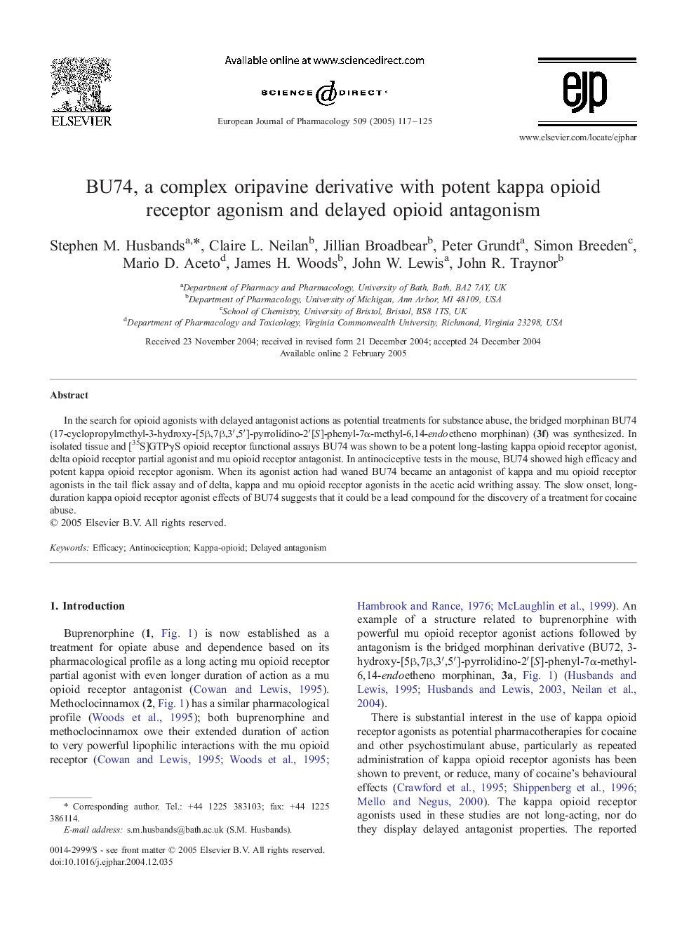 BU74, a complex oripavine derivative with potent kappa opioid receptor agonism and delayed opioid antagonism