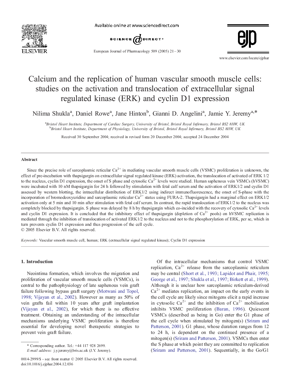 Calcium and the replication of human vascular smooth muscle cells: studies on the activation and translocation of extracellular signal regulated kinase (ERK) and cyclin D1 expression