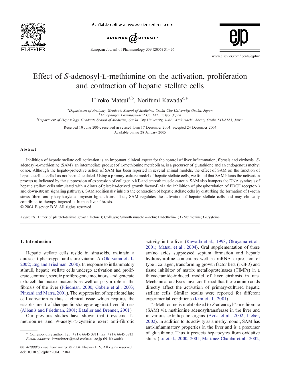 Effect of S-adenosyl-l-methionine on the activation, proliferation and contraction of hepatic stellate cells