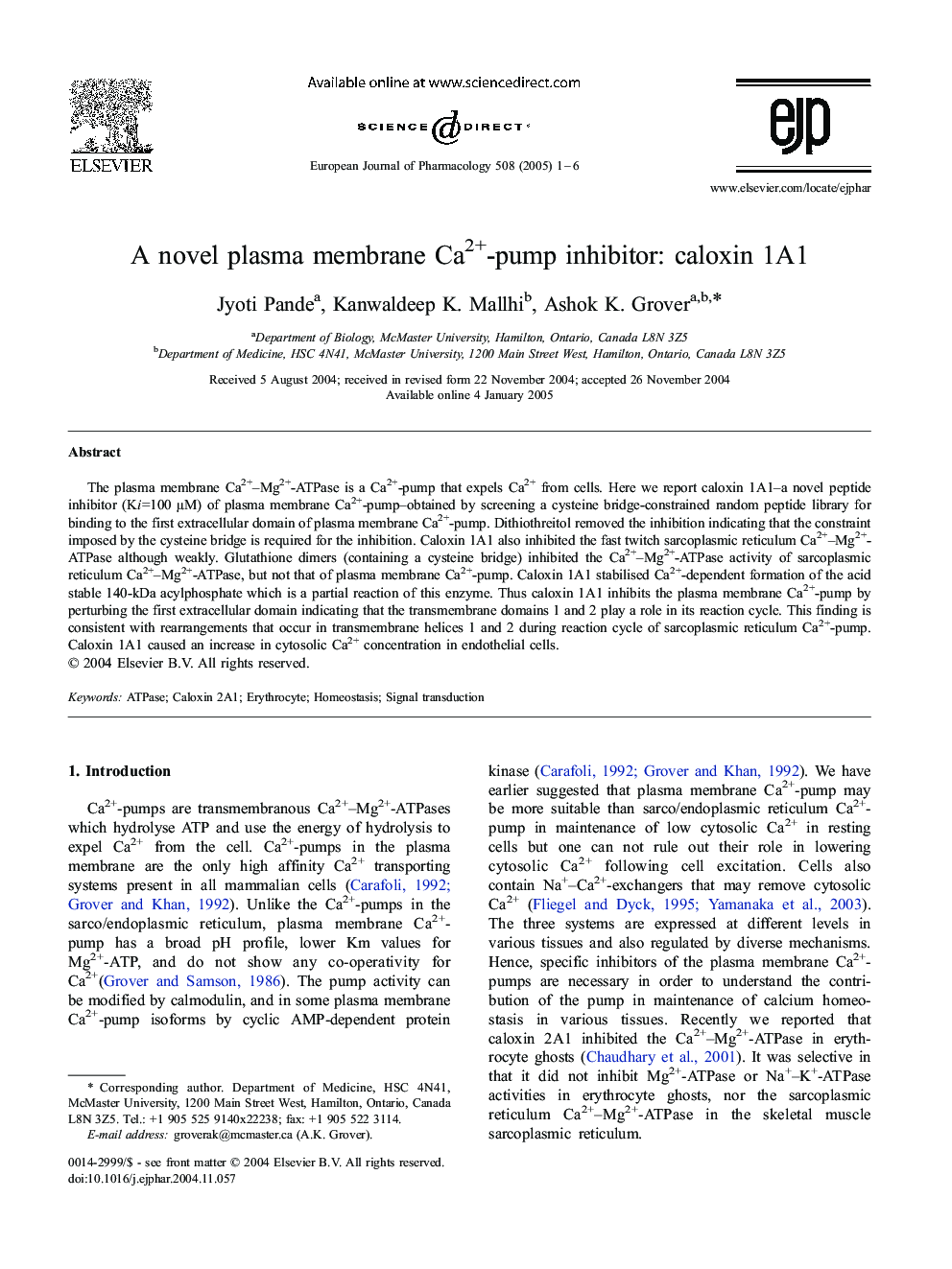 A novel plasma membrane Ca2+-pump inhibitor: caloxin 1A1