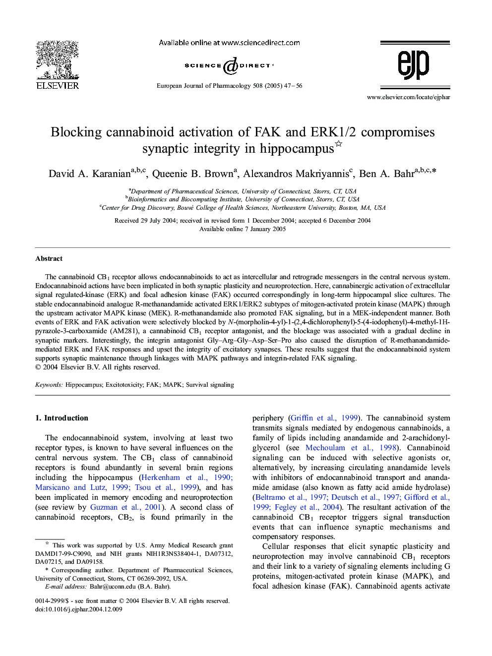 Blocking cannabinoid activation of FAK and ERK1/2 compromises synaptic integrity in hippocampus