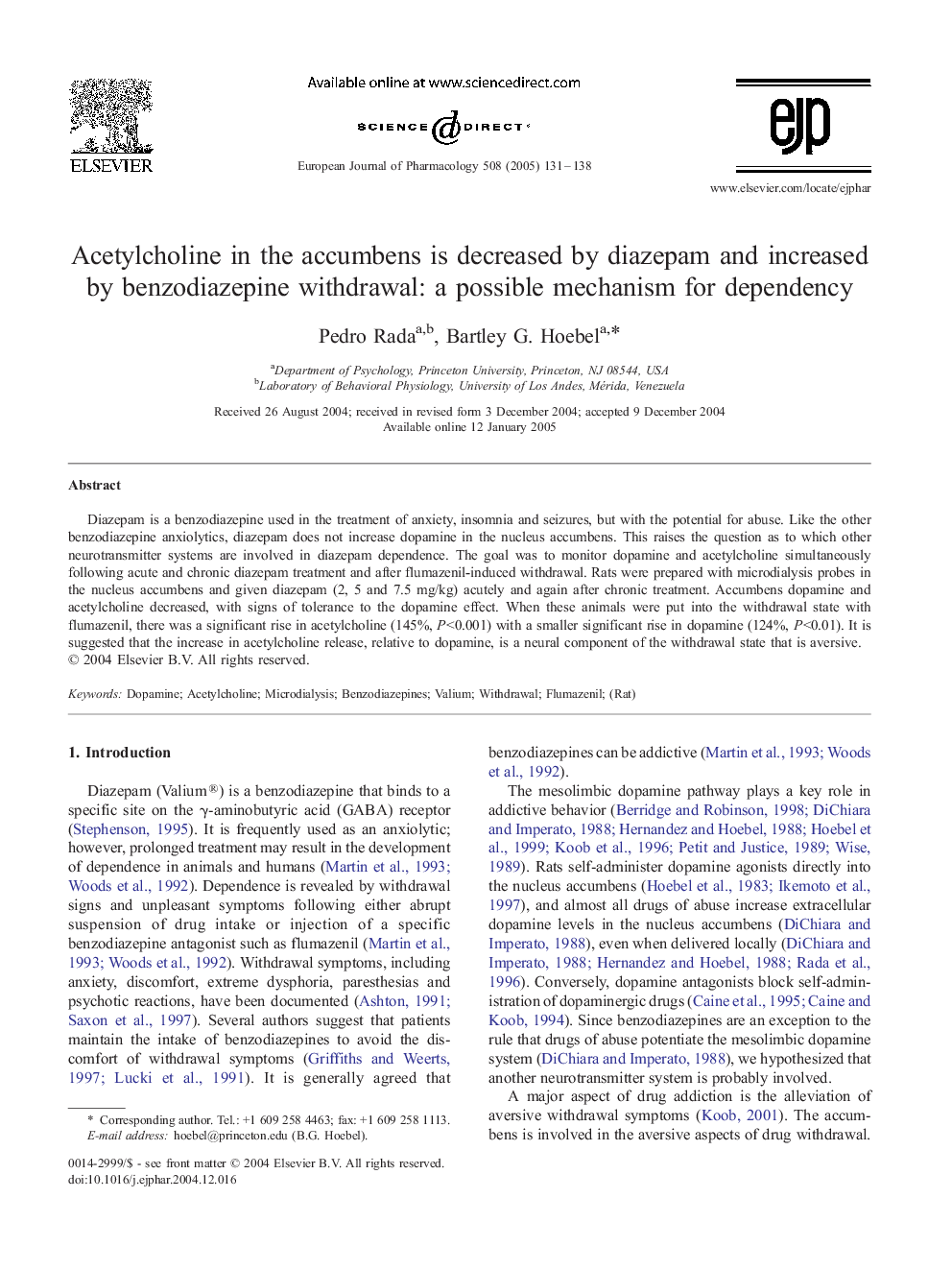 Acetylcholine in the accumbens is decreased by diazepam and increased by benzodiazepine withdrawal: a possible mechanism for dependency