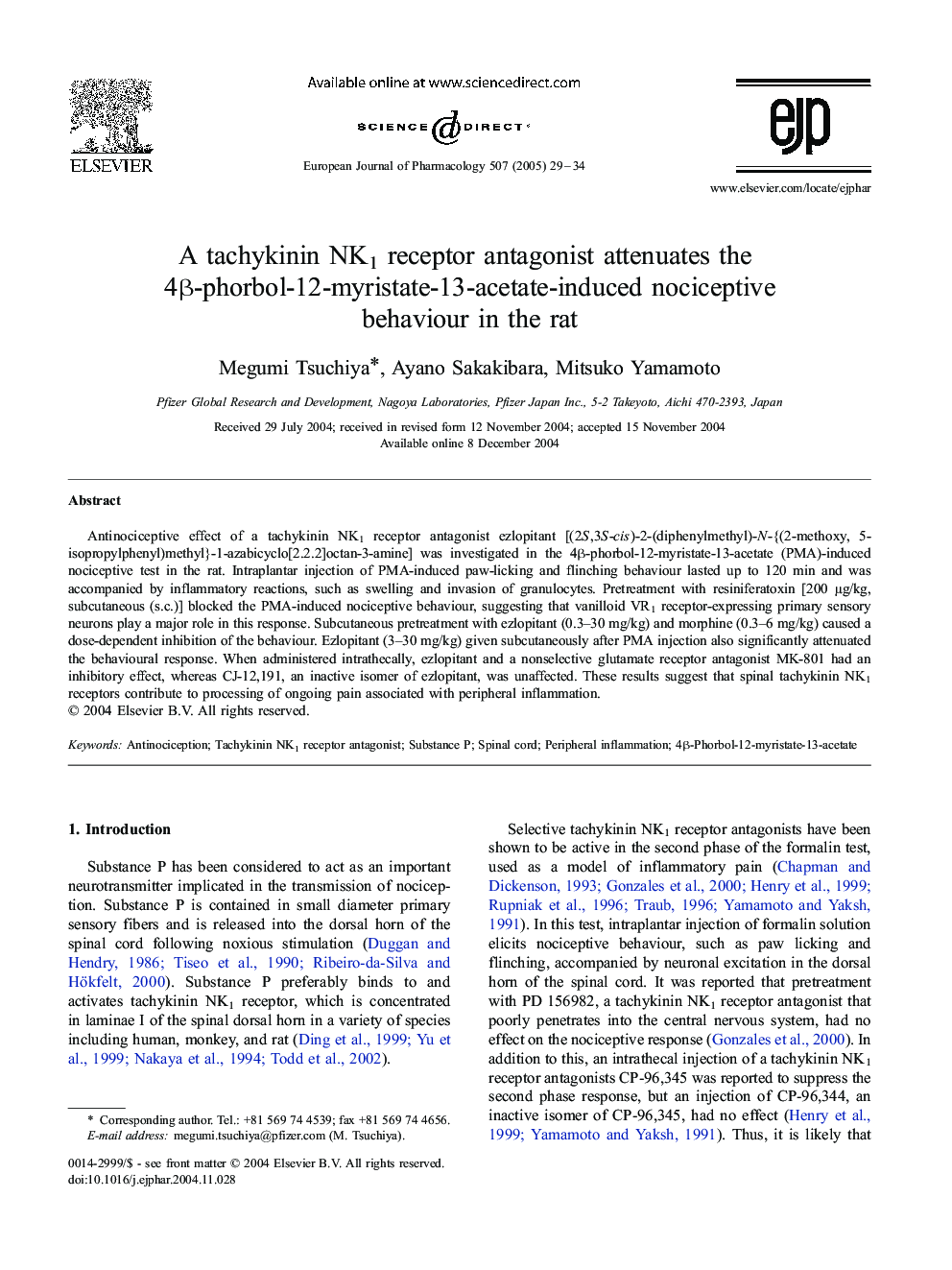 A tachykinin NK1 receptor antagonist attenuates the 4Î²-phorbol-12-myristate-13-acetate-induced nociceptive behaviour in the rat