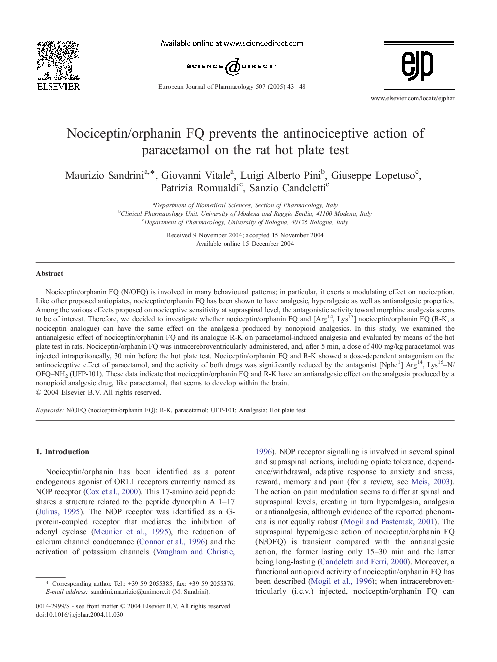 Nociceptin/orphanin FQ prevents the antinociceptive action of paracetamol on the rat hot plate test