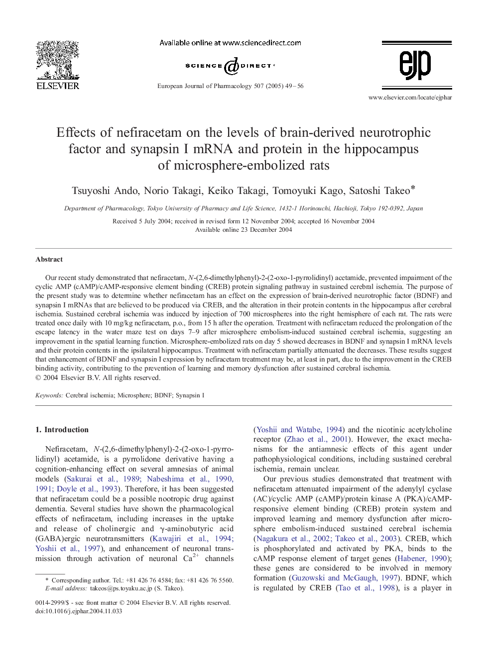 Effects of nefiracetam on the levels of brain-derived neurotrophic factor and synapsin I mRNA and protein in the hippocampus of microsphere-embolized rats