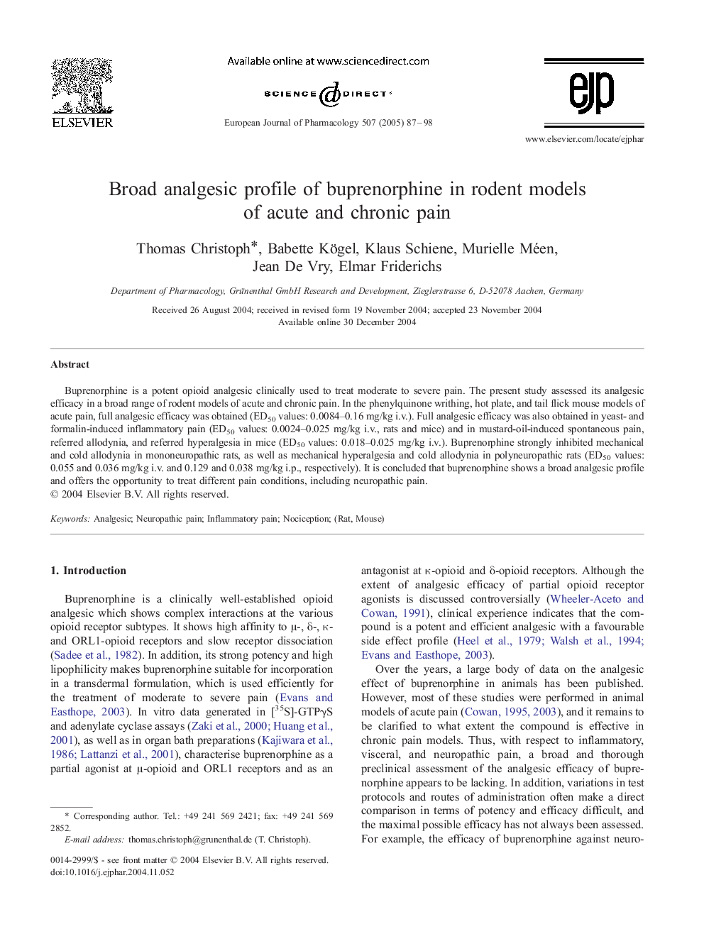 Broad analgesic profile of buprenorphine in rodent models of acute and chronic pain