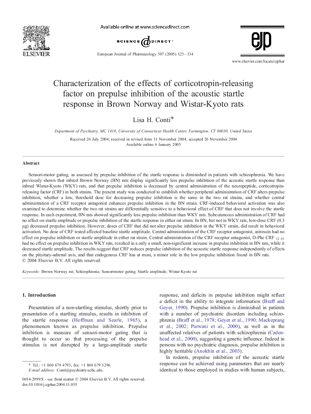 Characterization of the effects of corticotropin-releasing factor on prepulse inhibition of the acoustic startle response in Brown Norway and Wistar-Kyoto rats