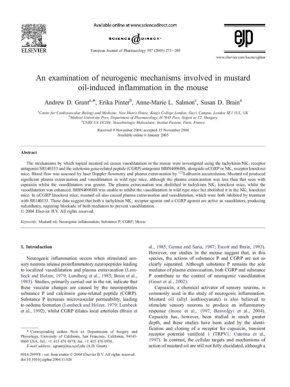 An examination of neurogenic mechanisms involved in mustard oil-induced inflammation in the mouse