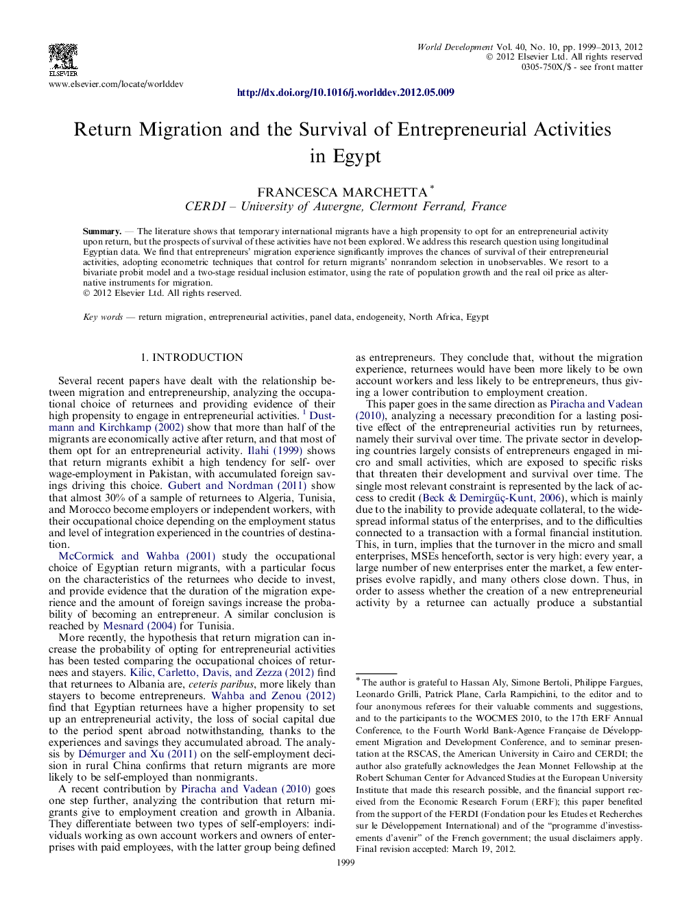 Return Migration and the Survival of Entrepreneurial Activities in Egypt