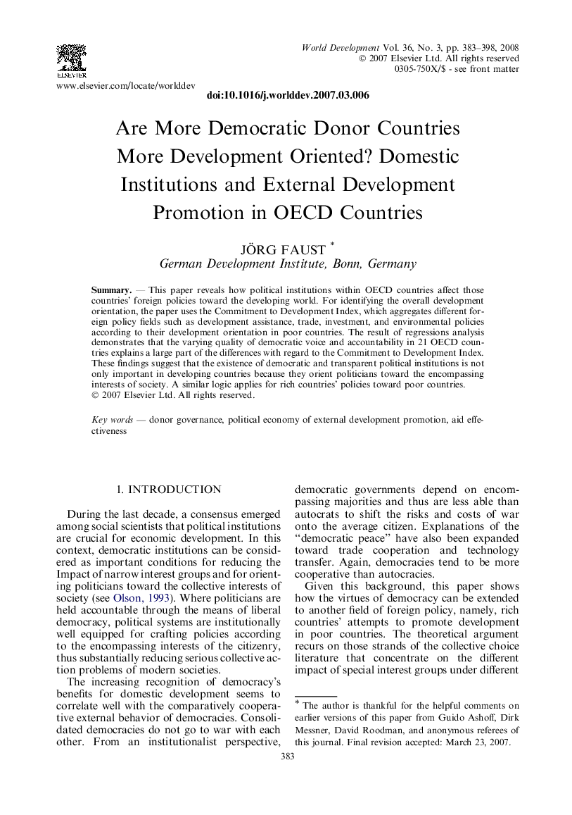 Are More Democratic Donor Countries More Development Oriented? Domestic Institutions and External Development Promotion in OECD Countries