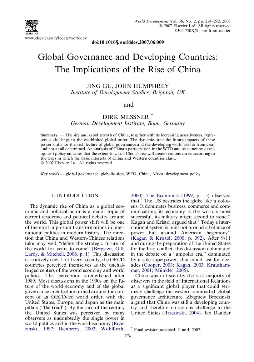 Global Governance and Developing Countries: The Implications of the Rise of China