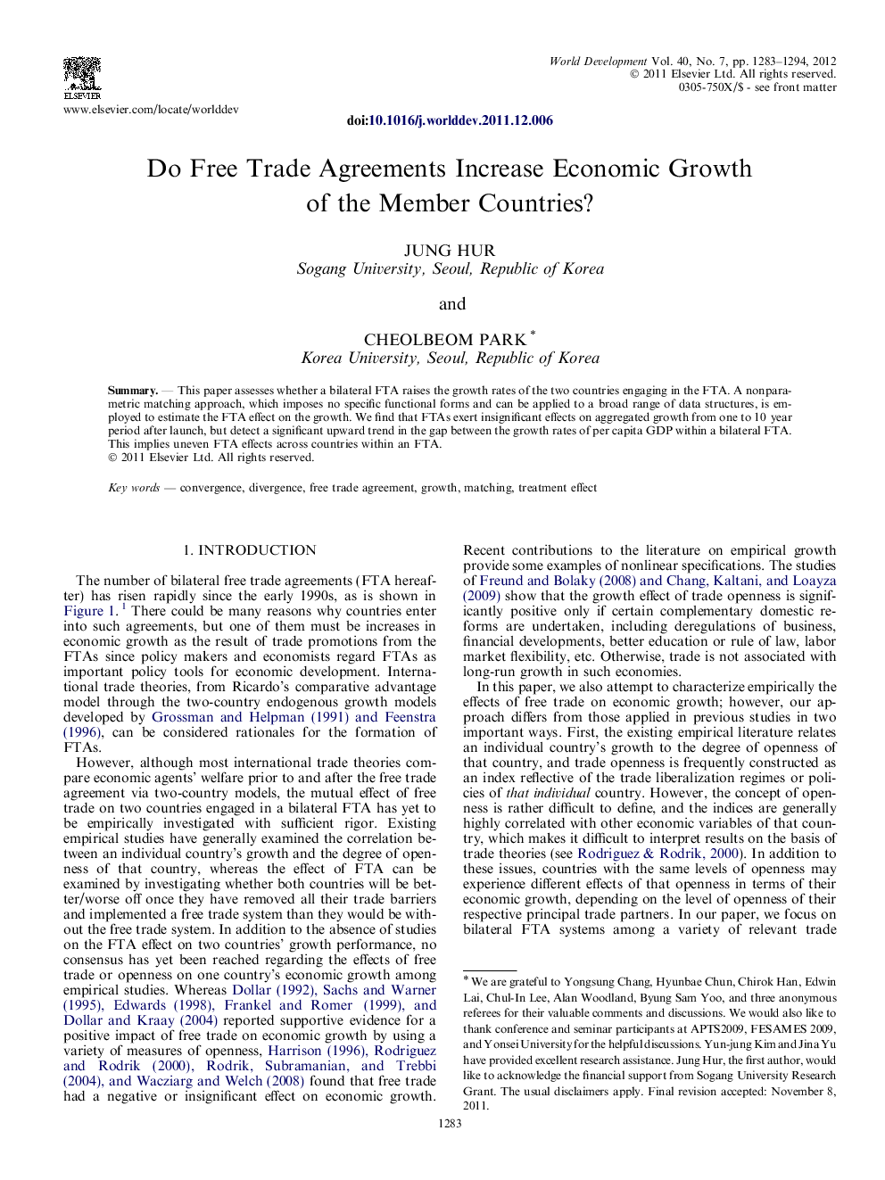 Do Free Trade Agreements Increase Economic Growth of the Member Countries?