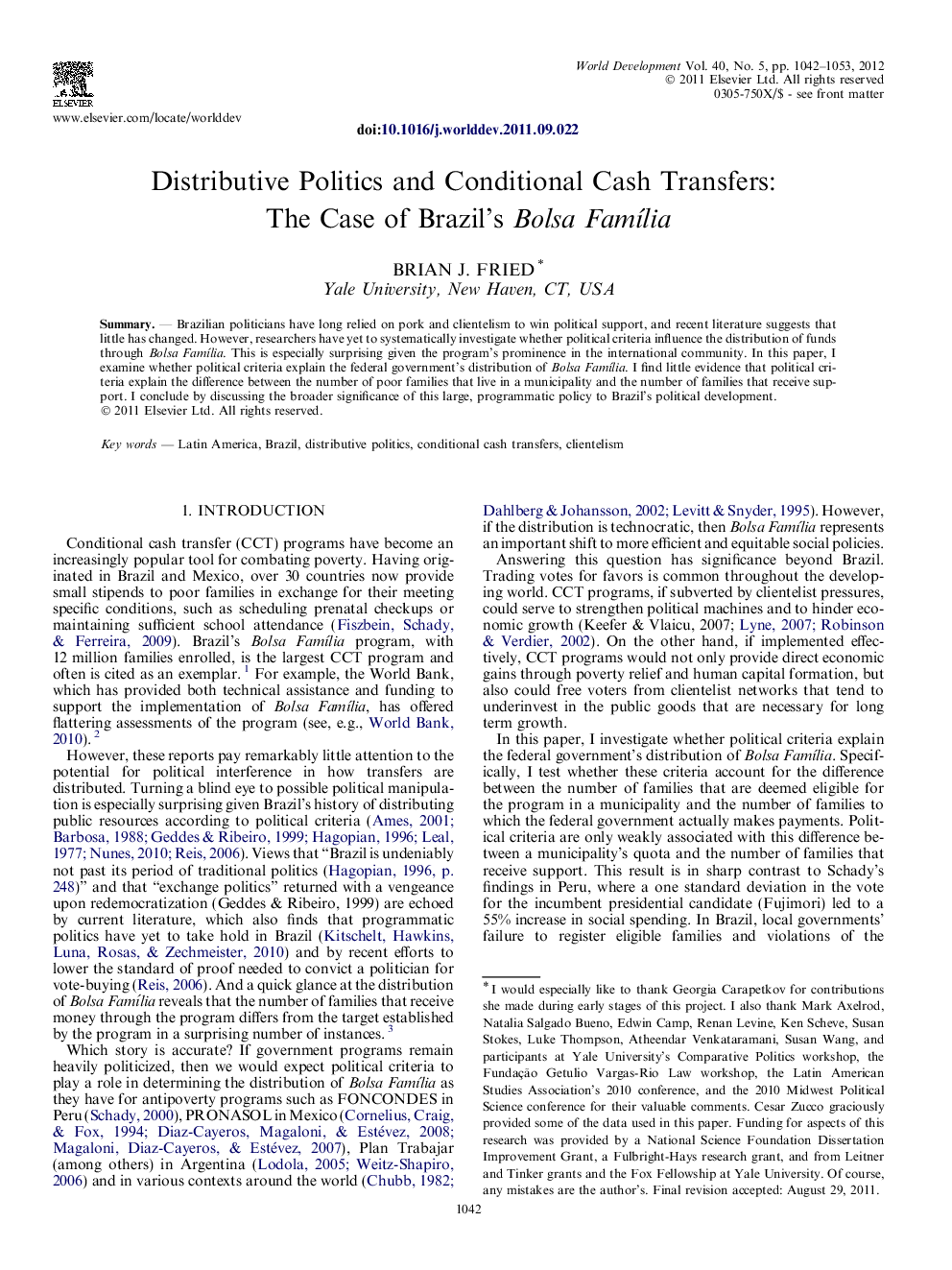 Distributive Politics and Conditional Cash Transfers: The Case of Brazil’s Bolsa Família