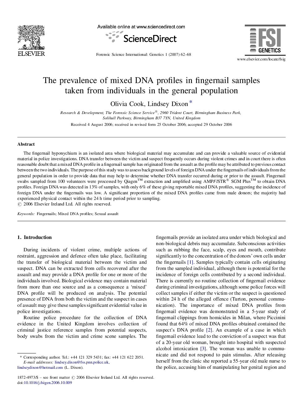 The prevalence of mixed DNA profiles in fingernail samples taken from individuals in the general population